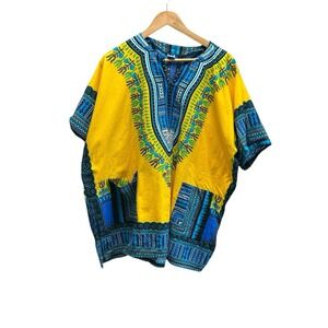 Mama & Papa Dashiki Tunic African Boho Shirt‎ Yellow Blue One Size XL Thailand